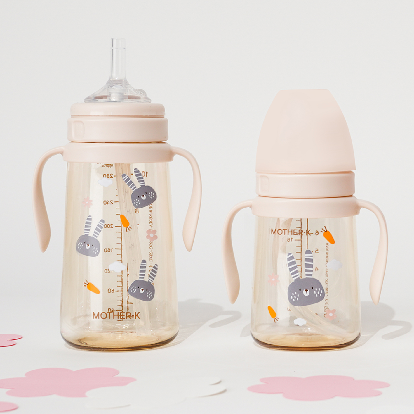 Mother-K PPSU Straw Cup in Rabbit (Cream / Pink Blossom)