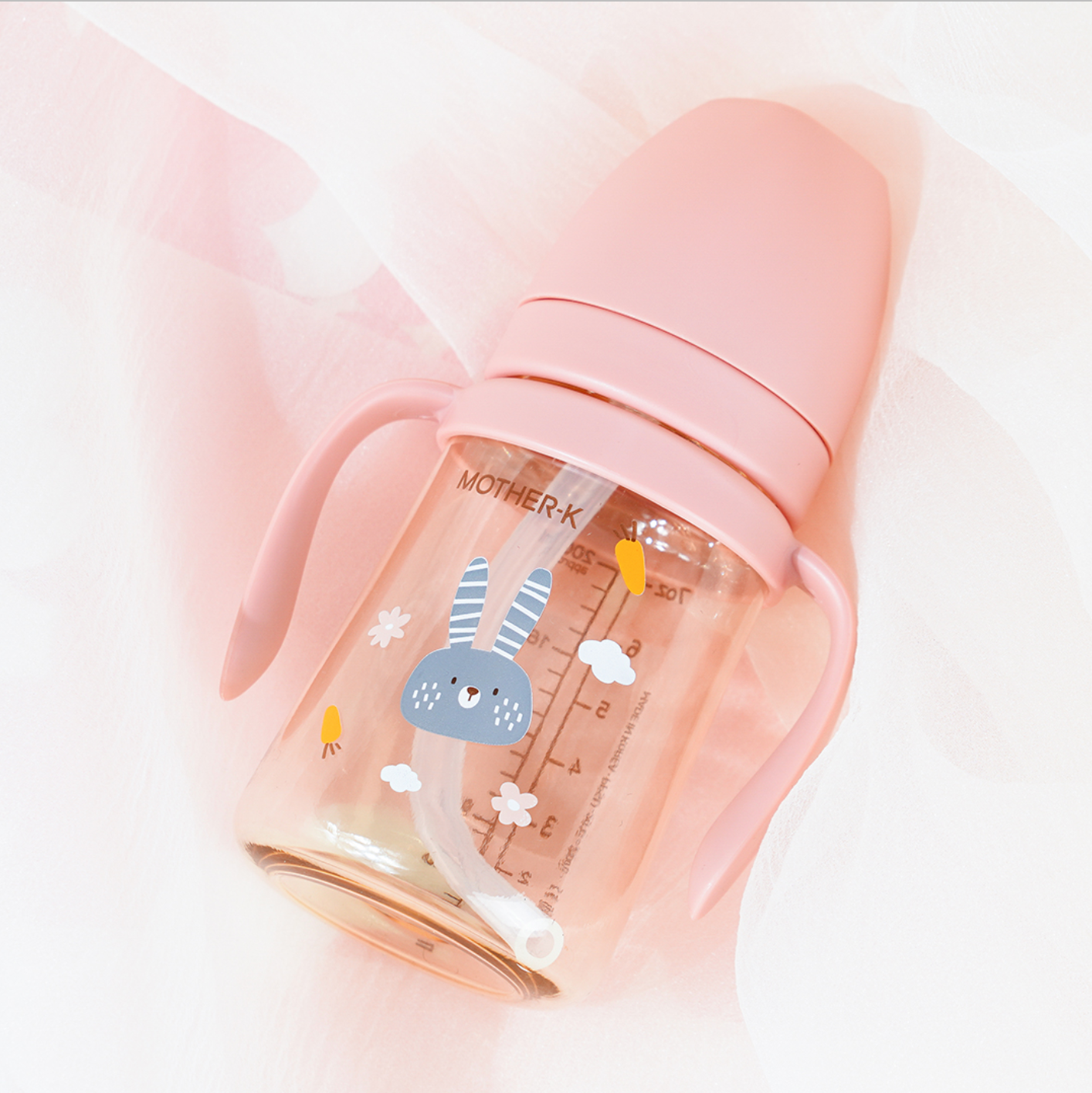 Mother-K PPSU Straw Cup in Rabbit (Cream / Pink Blossom)