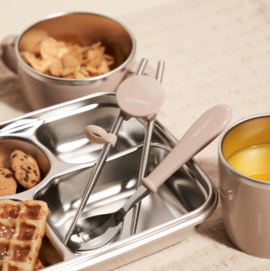 MOTHER-K Stainless Steel Spoon & Chopsticks Set with Pouch (Beige)
