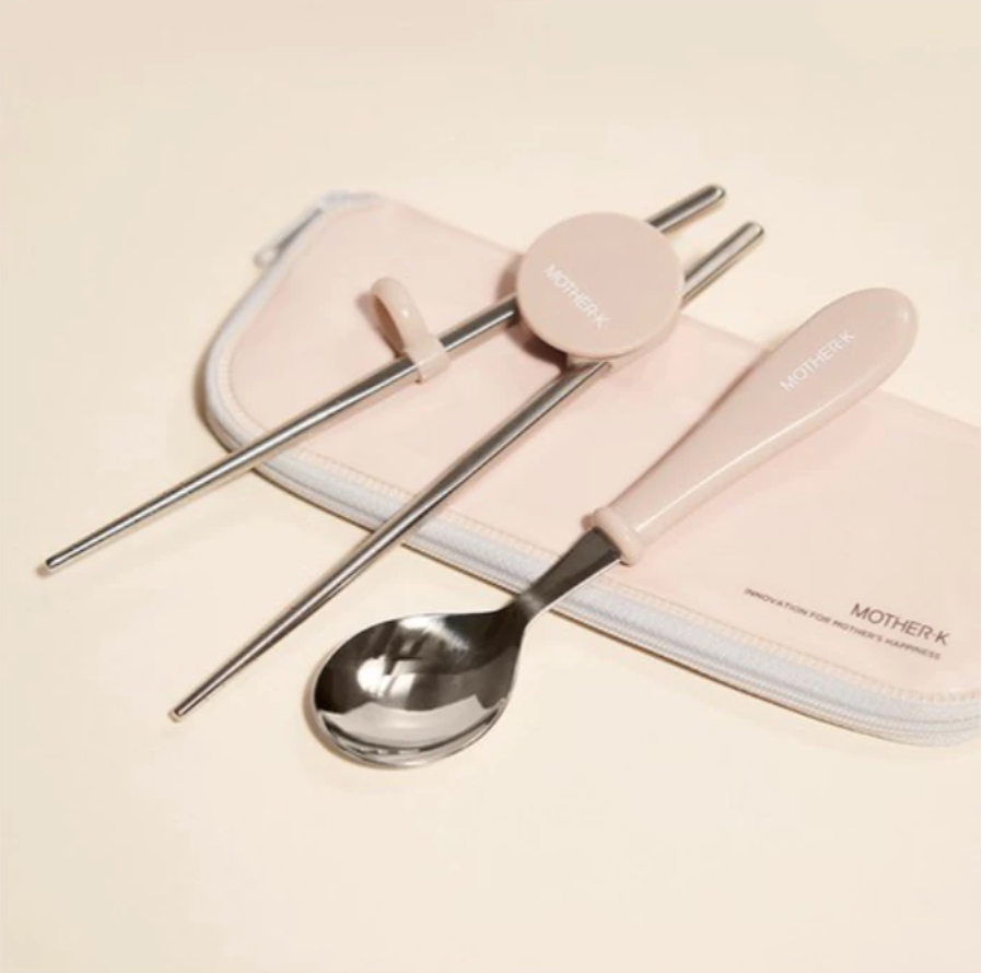 MOTHER-K Stainless Steel Spoon & Chopsticks Set with Pouch (Beige)