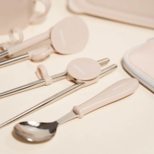 MOTHER-K Stainless Steel Spoon & Chopsticks Set with Pouch (Beige)